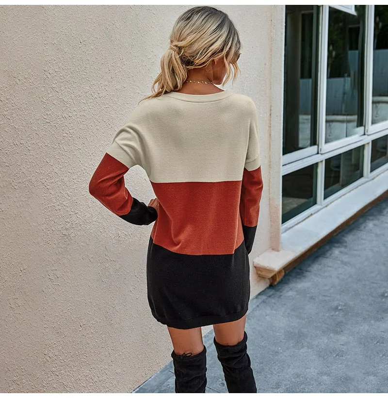 Striped Patchwork Slim Knitted  Sweater Dress