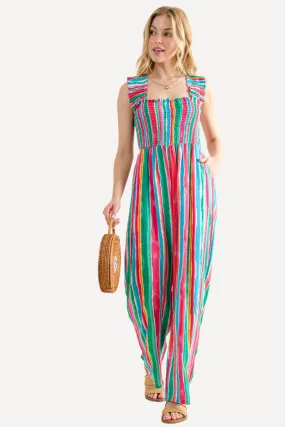 Striped Smocked Sleeveless Jumpsuit