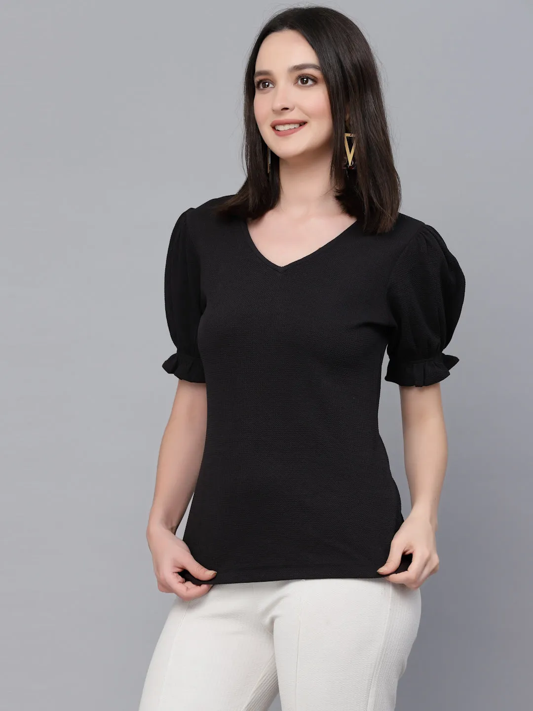 Style Quotient Women Black Poly Knit Smart Casual Short Sleeve Top