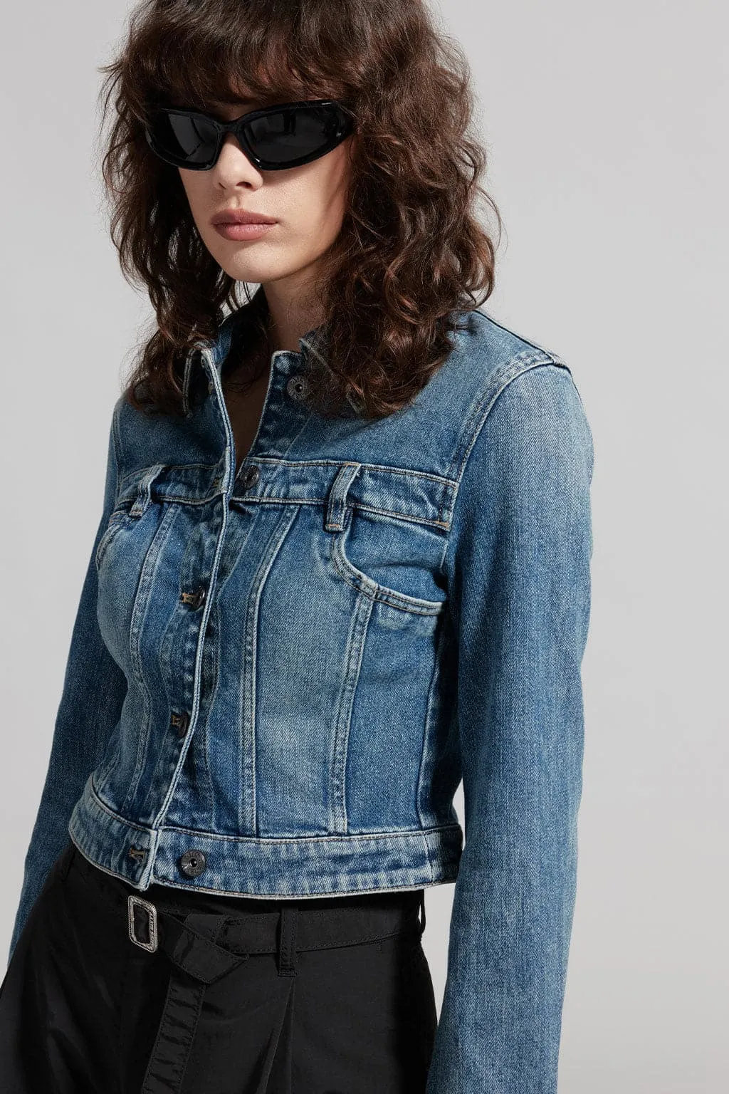 Stylish Gray Blue Cropped Denim Jacket