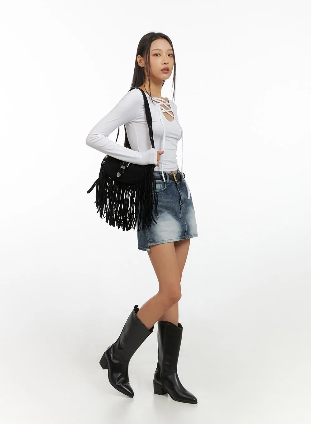 Suede Fringe Buckle Shoulder Bag IS427