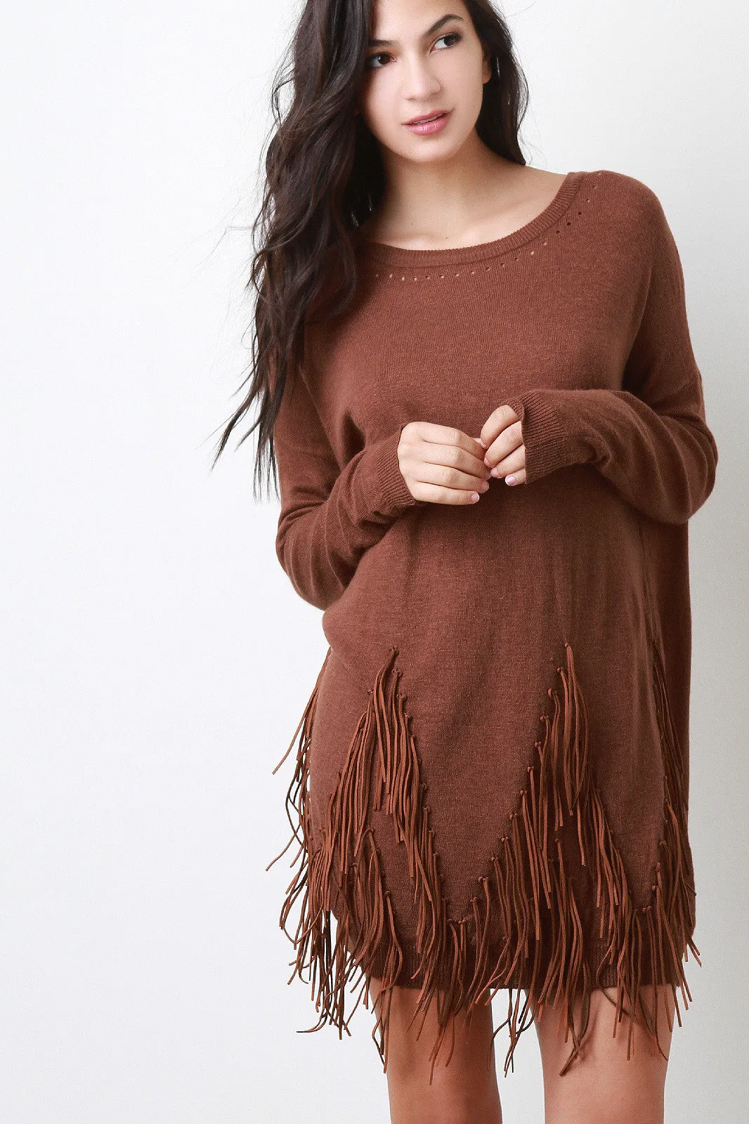 Suede Fringe Long Sleeves Sweater Dress