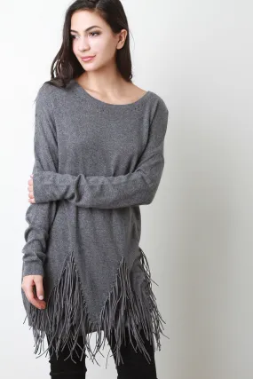 Suede Fringe Long Sleeves Sweater Dress