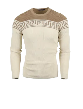 Tan Men's Fashion Design Crewneck Sweaters Greek Key style Light Blend Slim Fit