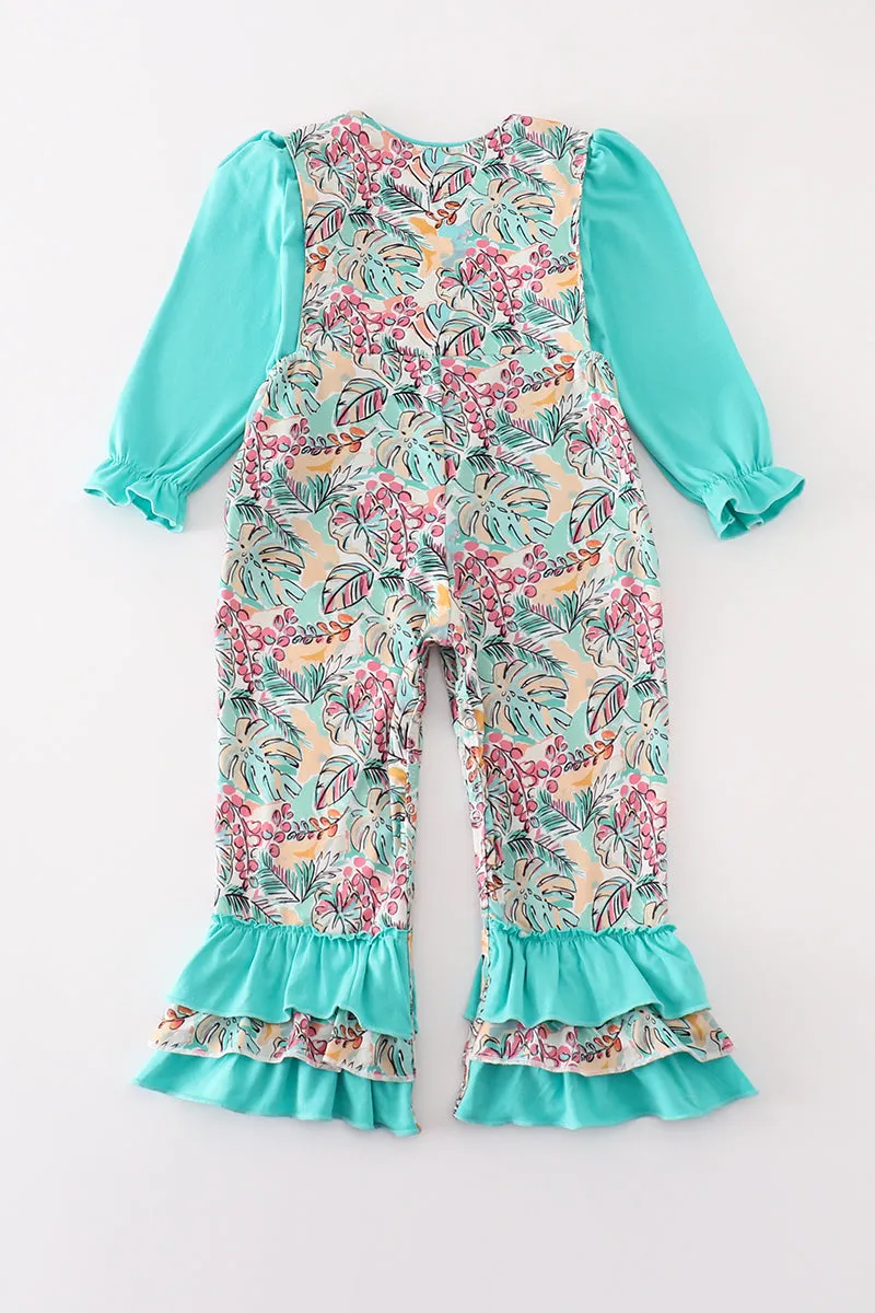 Teal floral print forest animal embroidery 2pc girl jumpsuit set