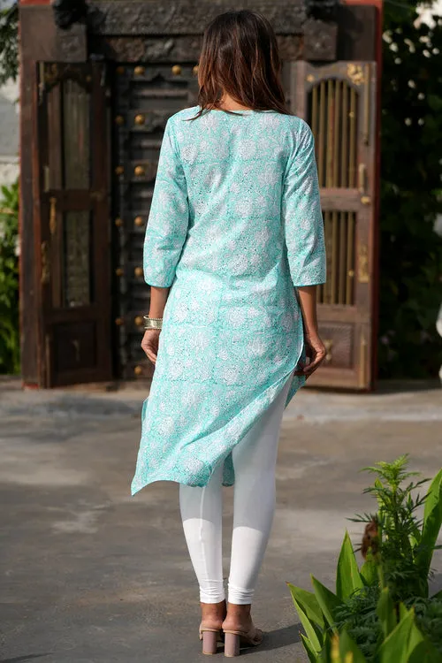 Teal Infusion Handblock Printed Cotton Kurti