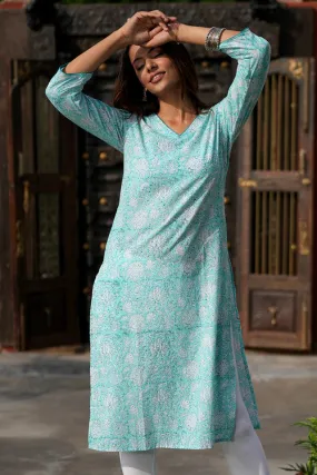 Teal Infusion Handblock Printed Cotton Kurti