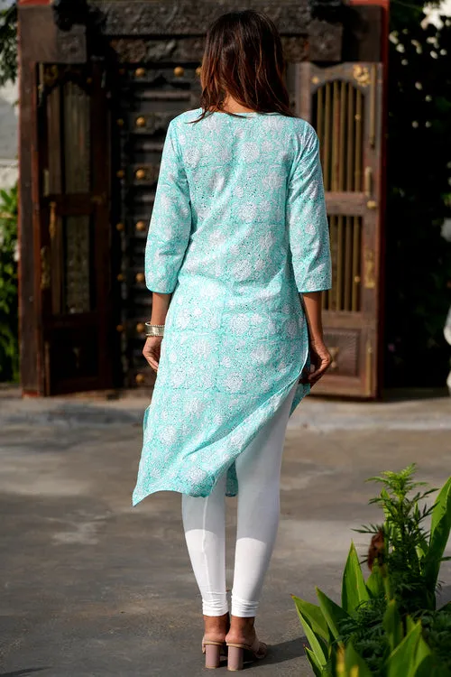 Teal Infusion Handblock Printed Cotton Kurti