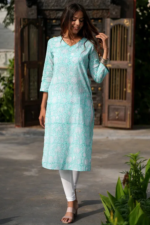 Teal Infusion Handblock Printed Cotton Kurti