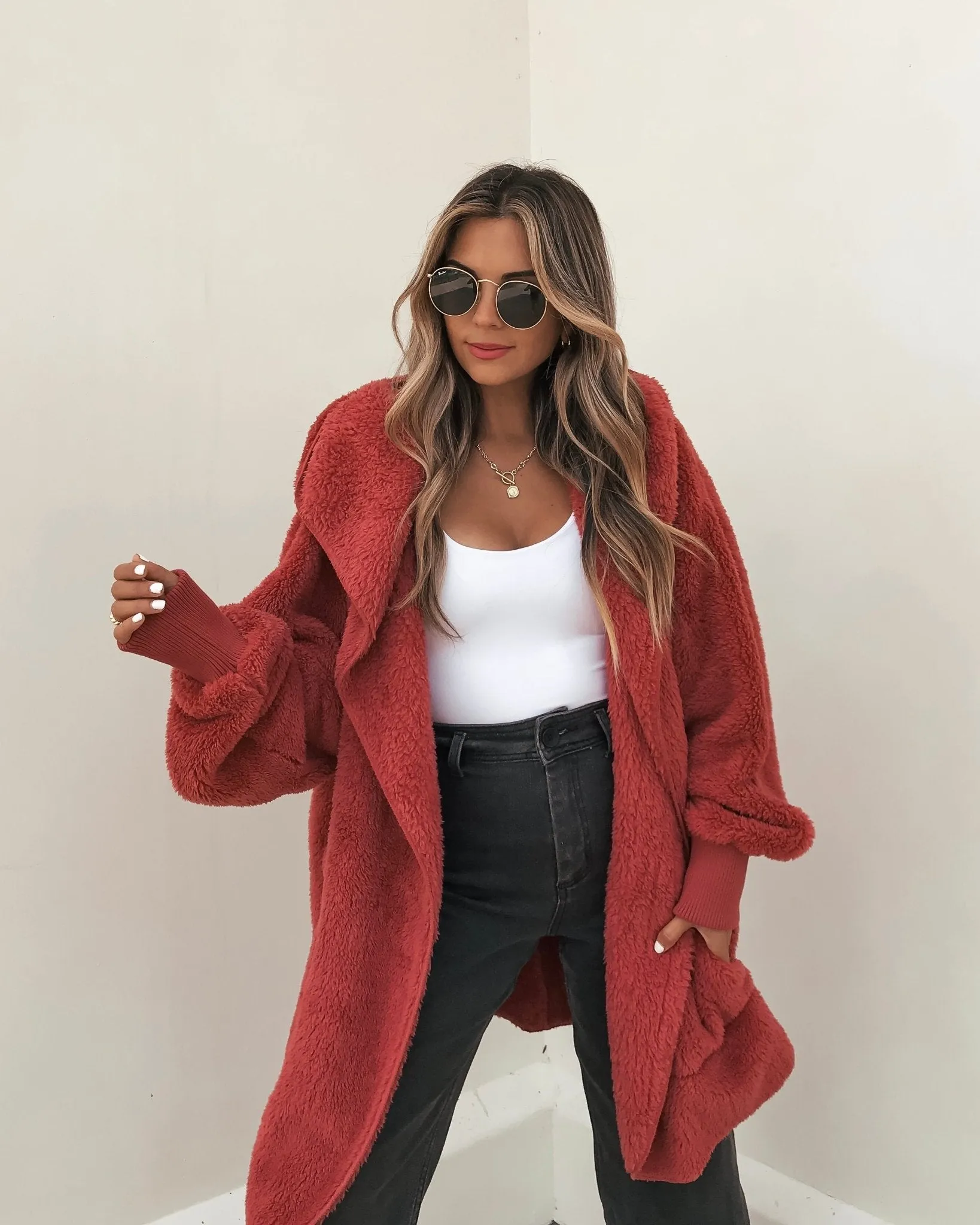 Teddy Fleece Hooded Cardigan - Red