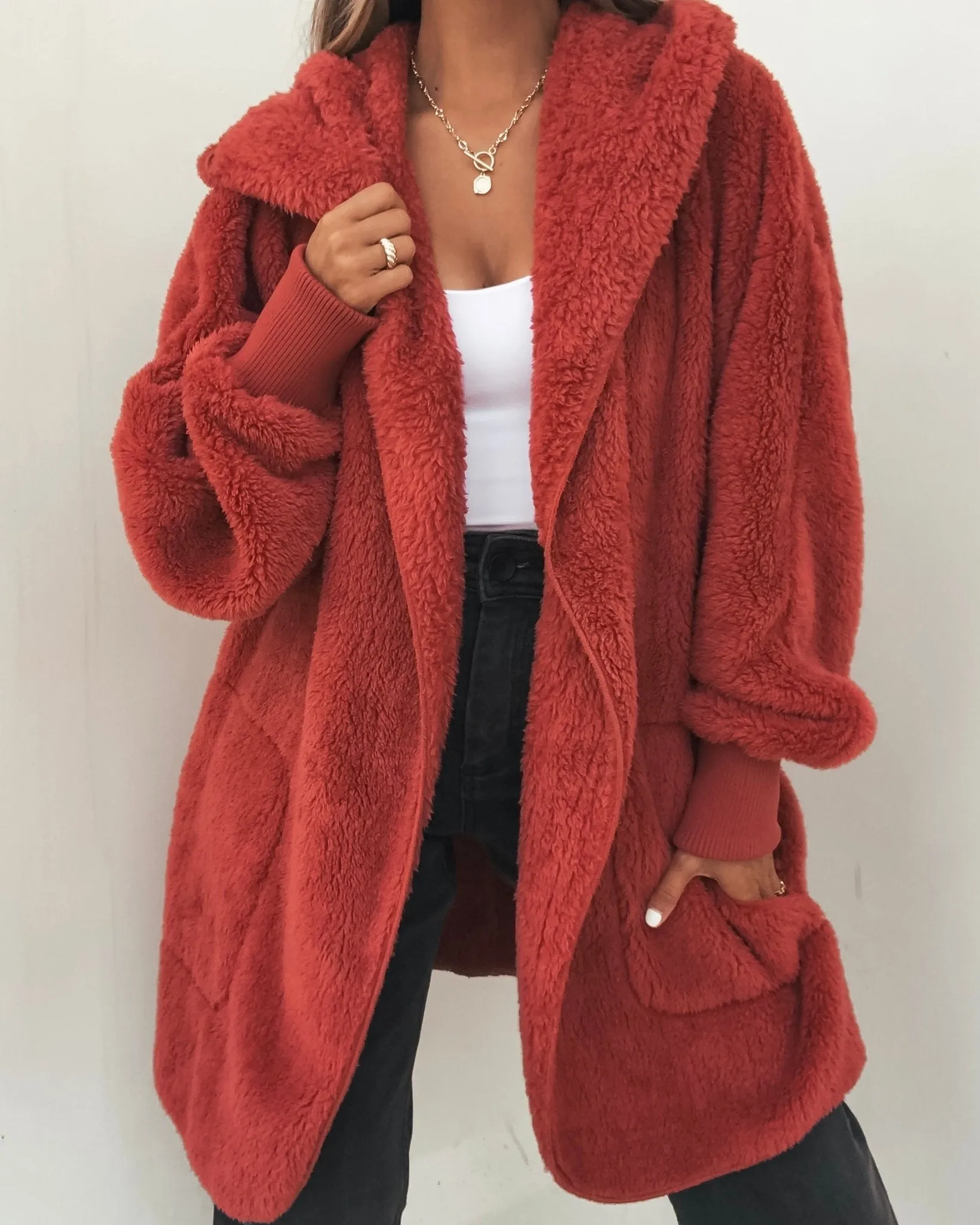 Teddy Fleece Hooded Cardigan - Red