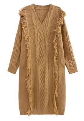 Textured Sweater Dress with Fringe