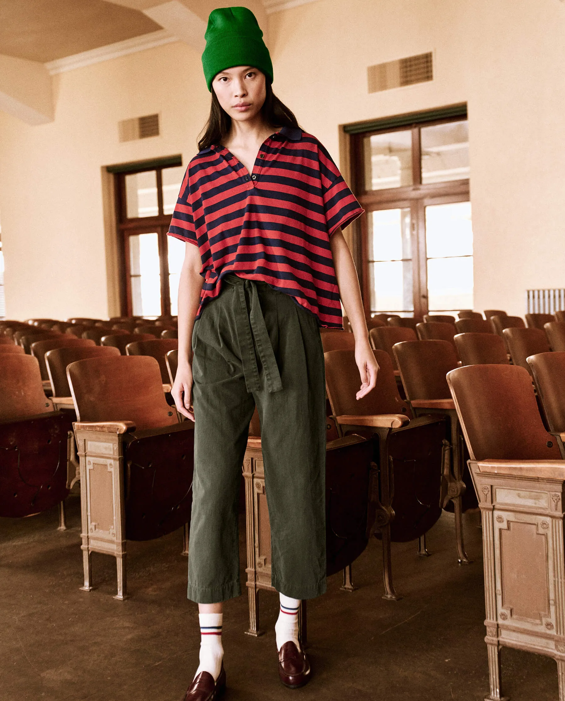 The Cropped Polo Tee. -- Red and Navy Scholar Stripe