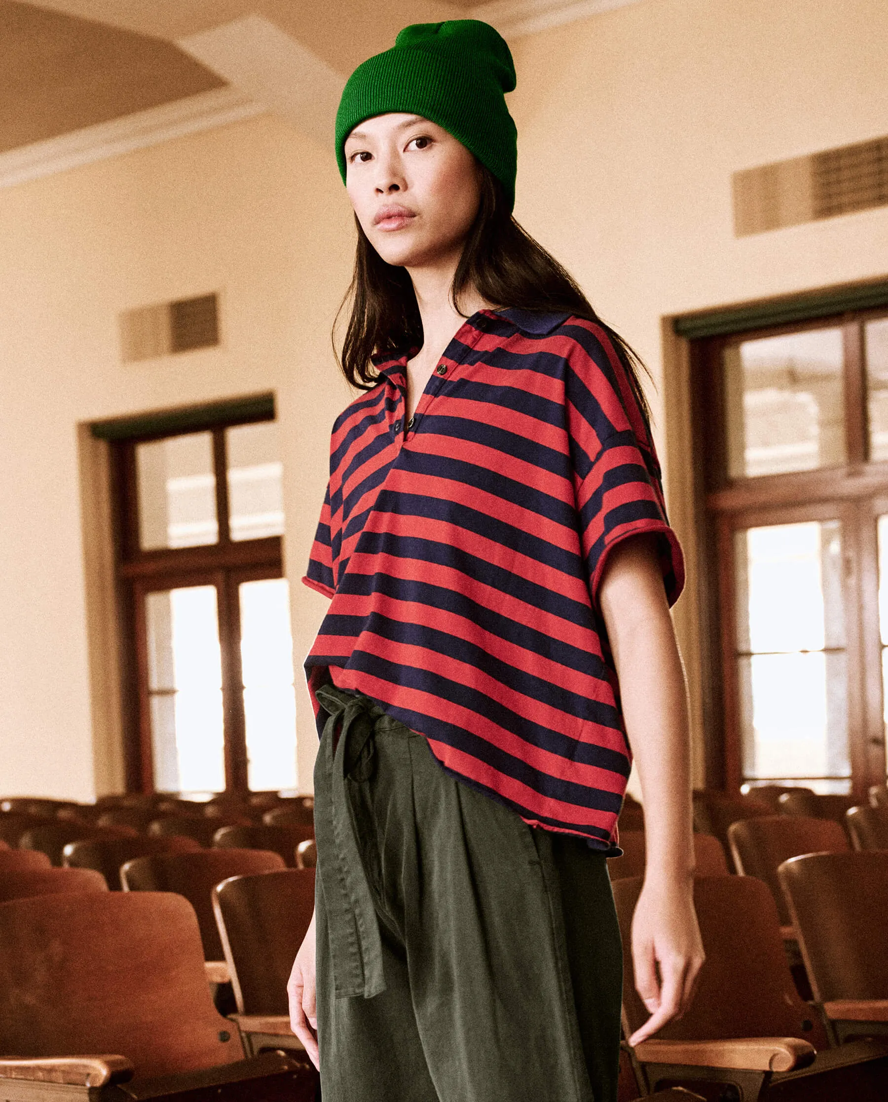 The Cropped Polo Tee. -- Red and Navy Scholar Stripe