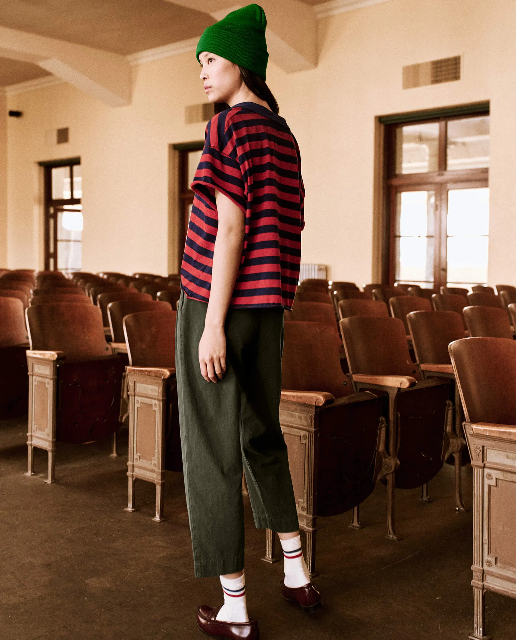 The Cropped Polo Tee. -- Red and Navy Scholar Stripe