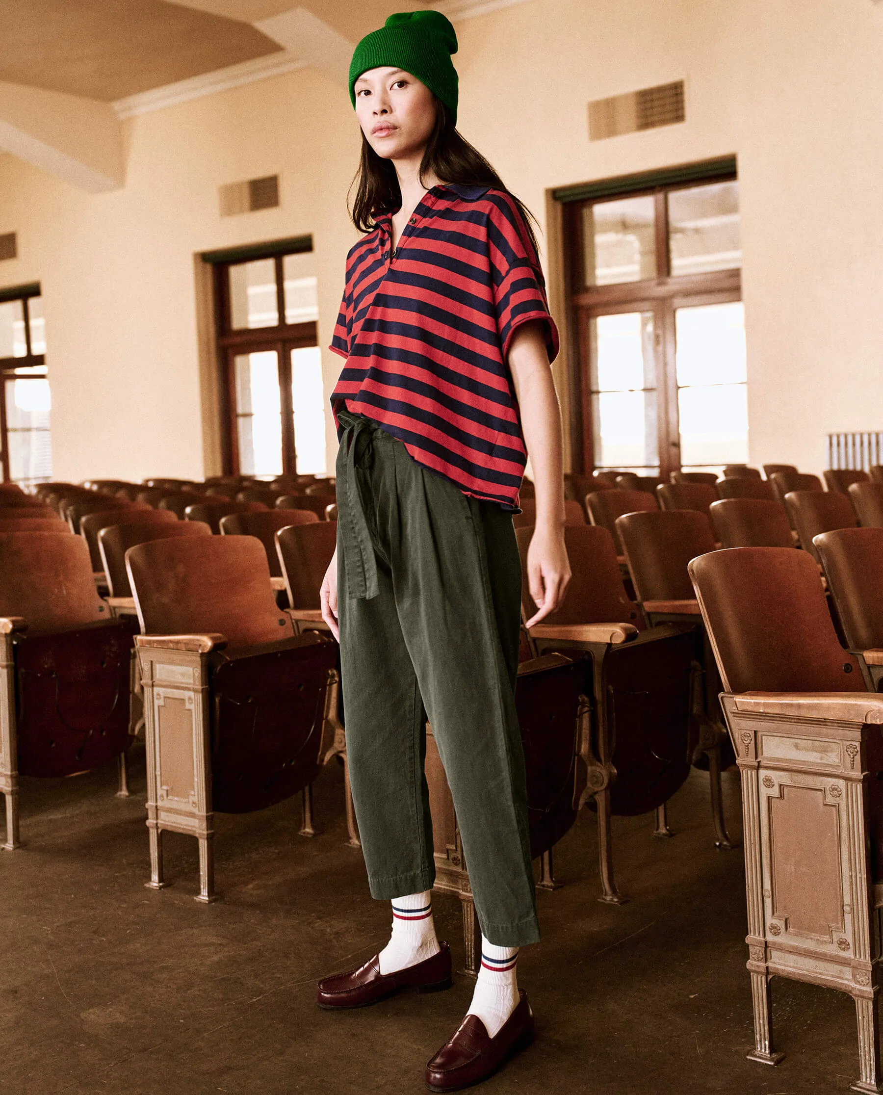 The Cropped Polo Tee. -- Red and Navy Scholar Stripe