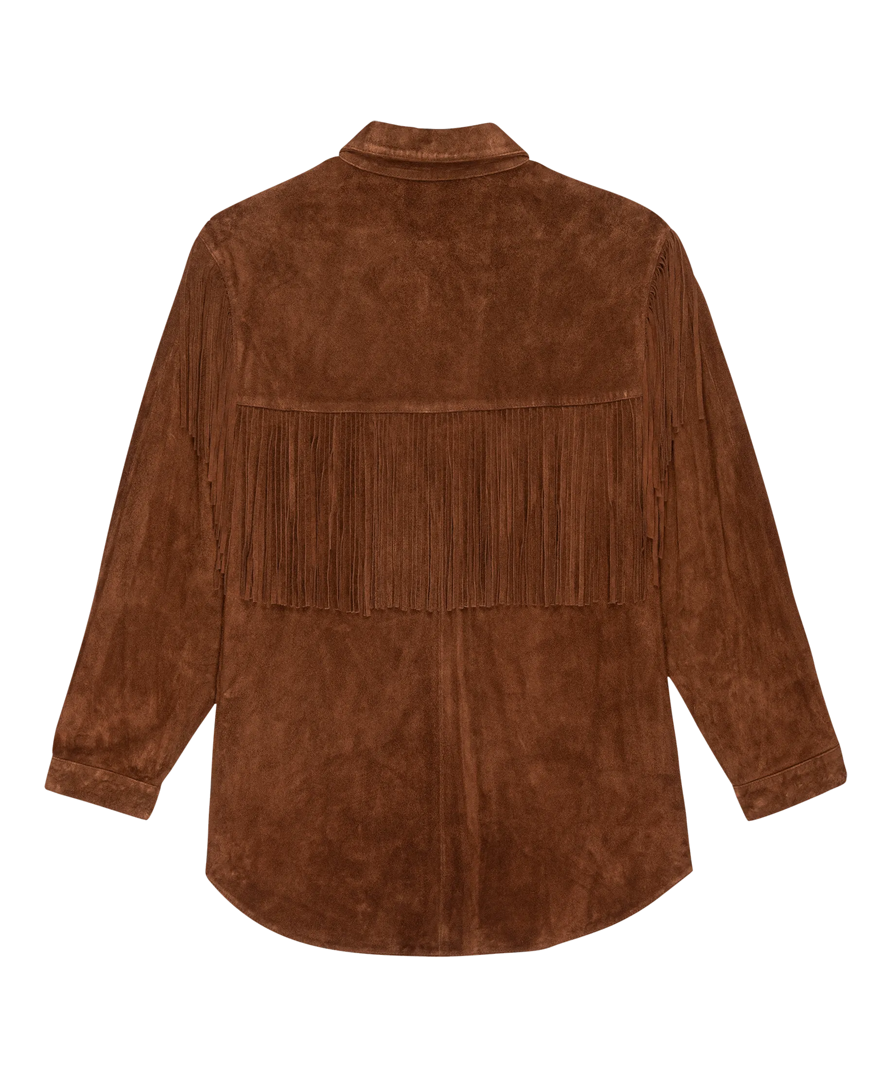 The Suede Fringe Shirt Jacket. -- Cognac