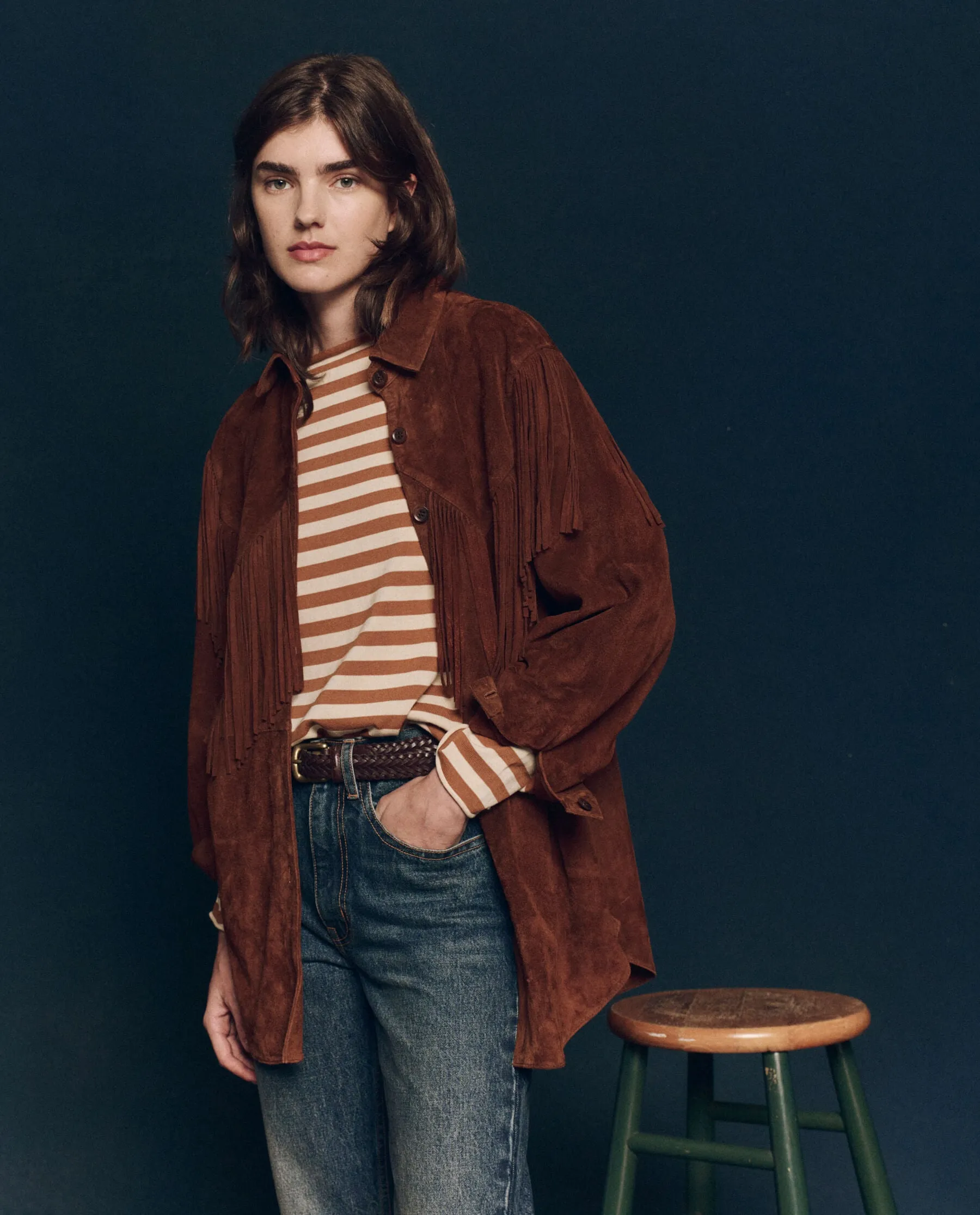 The Suede Fringe Shirt Jacket. -- Cognac