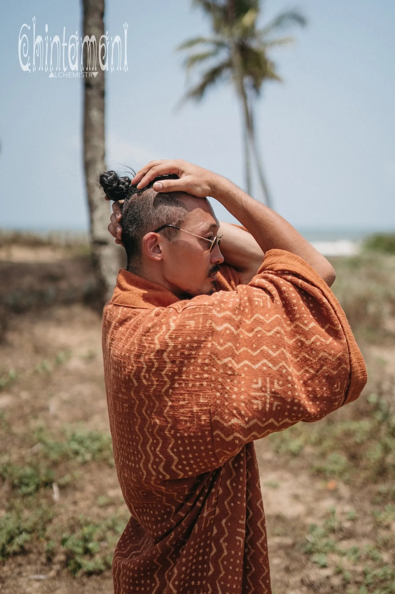 Tribal Kimono Robe with Block Print for Men / Rust