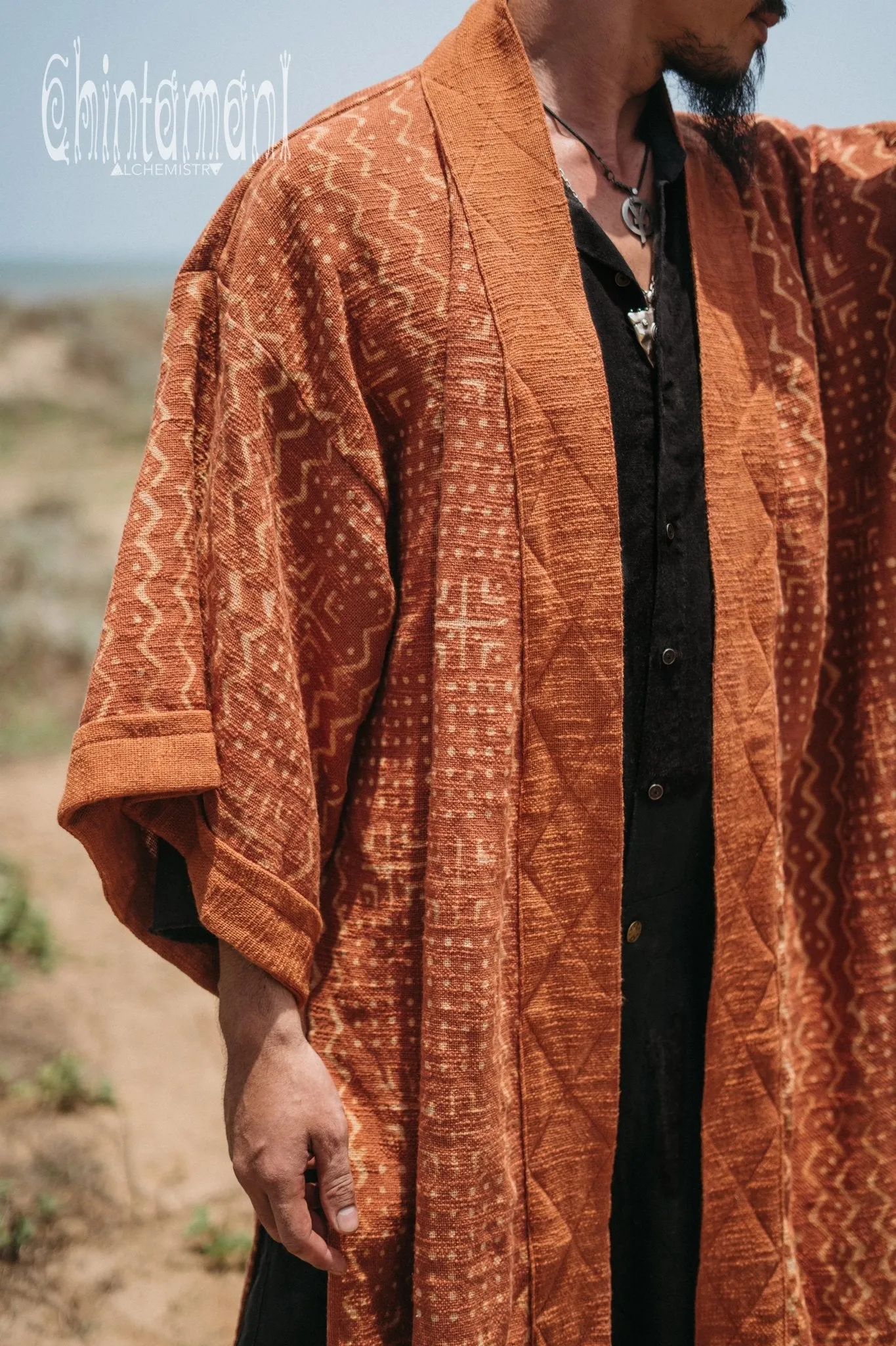 Tribal Kimono Robe with Block Print for Men / Rust