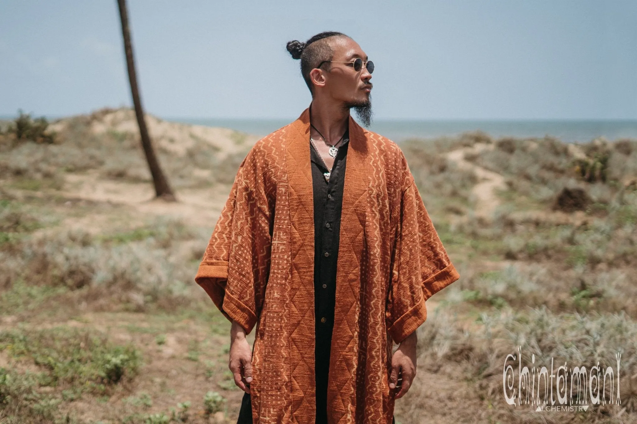 Tribal Kimono Robe with Block Print for Men / Rust