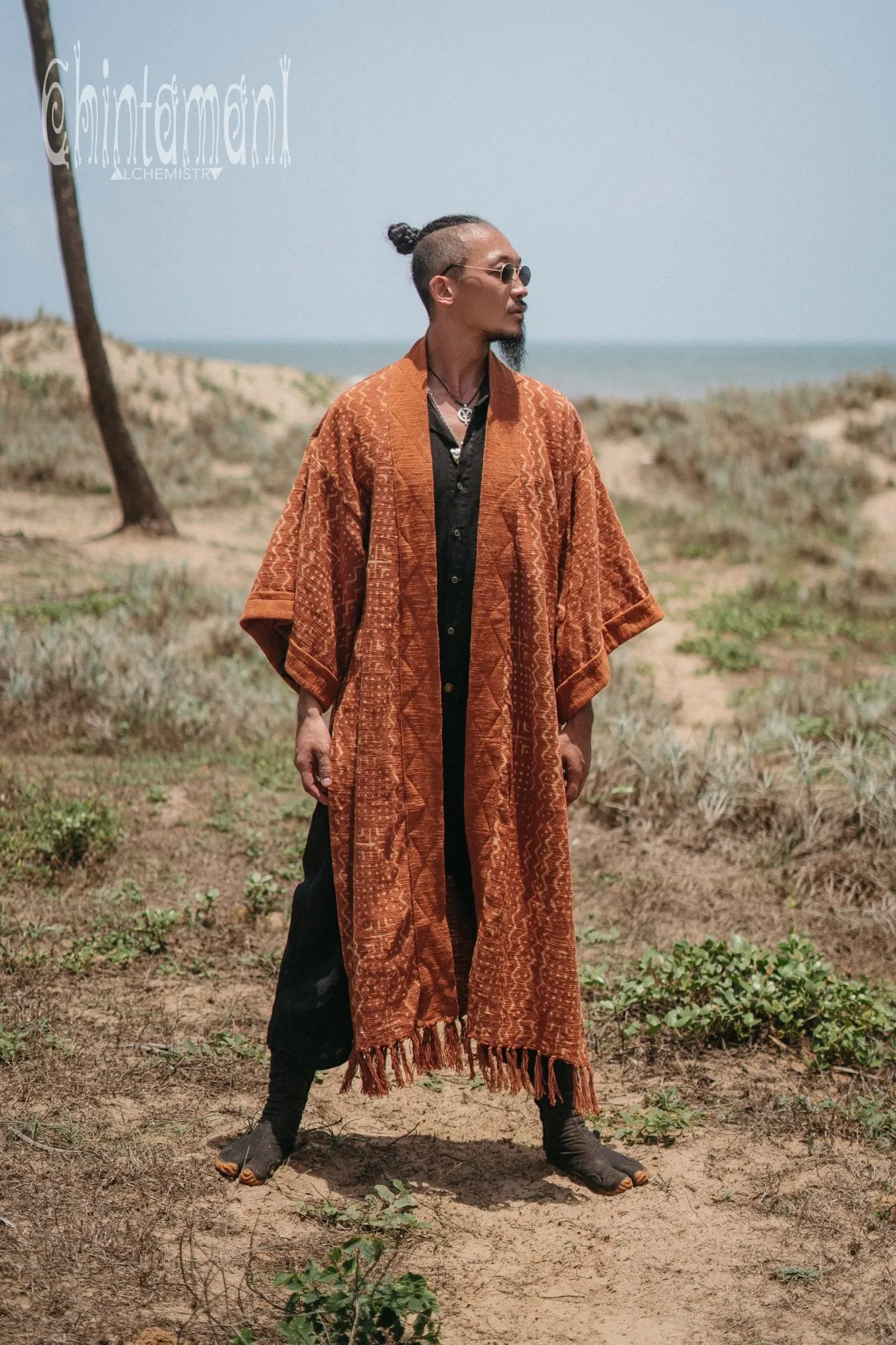 Tribal Kimono Robe with Block Print for Men / Rust