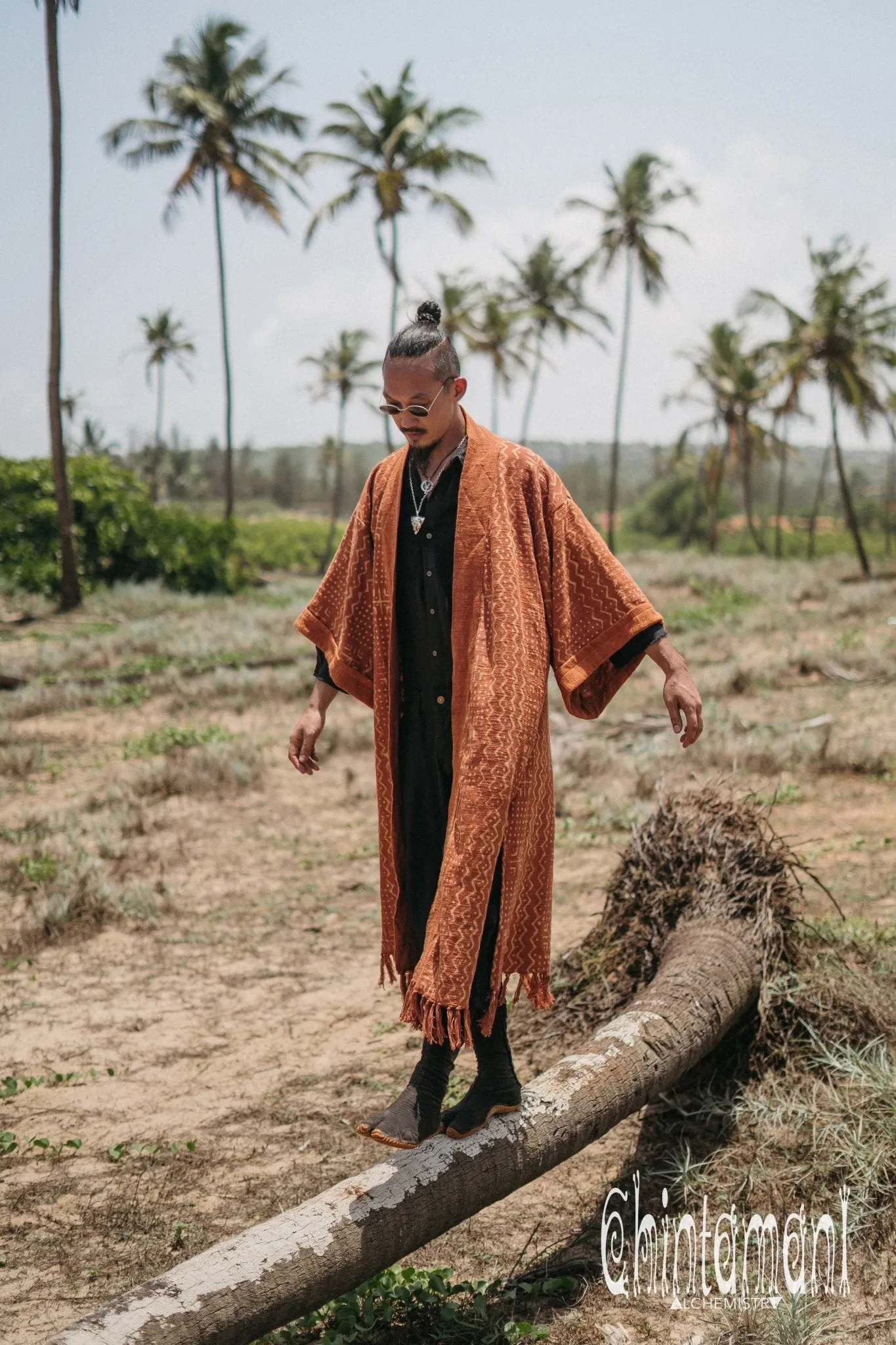 Tribal Kimono Robe with Block Print for Men / Rust