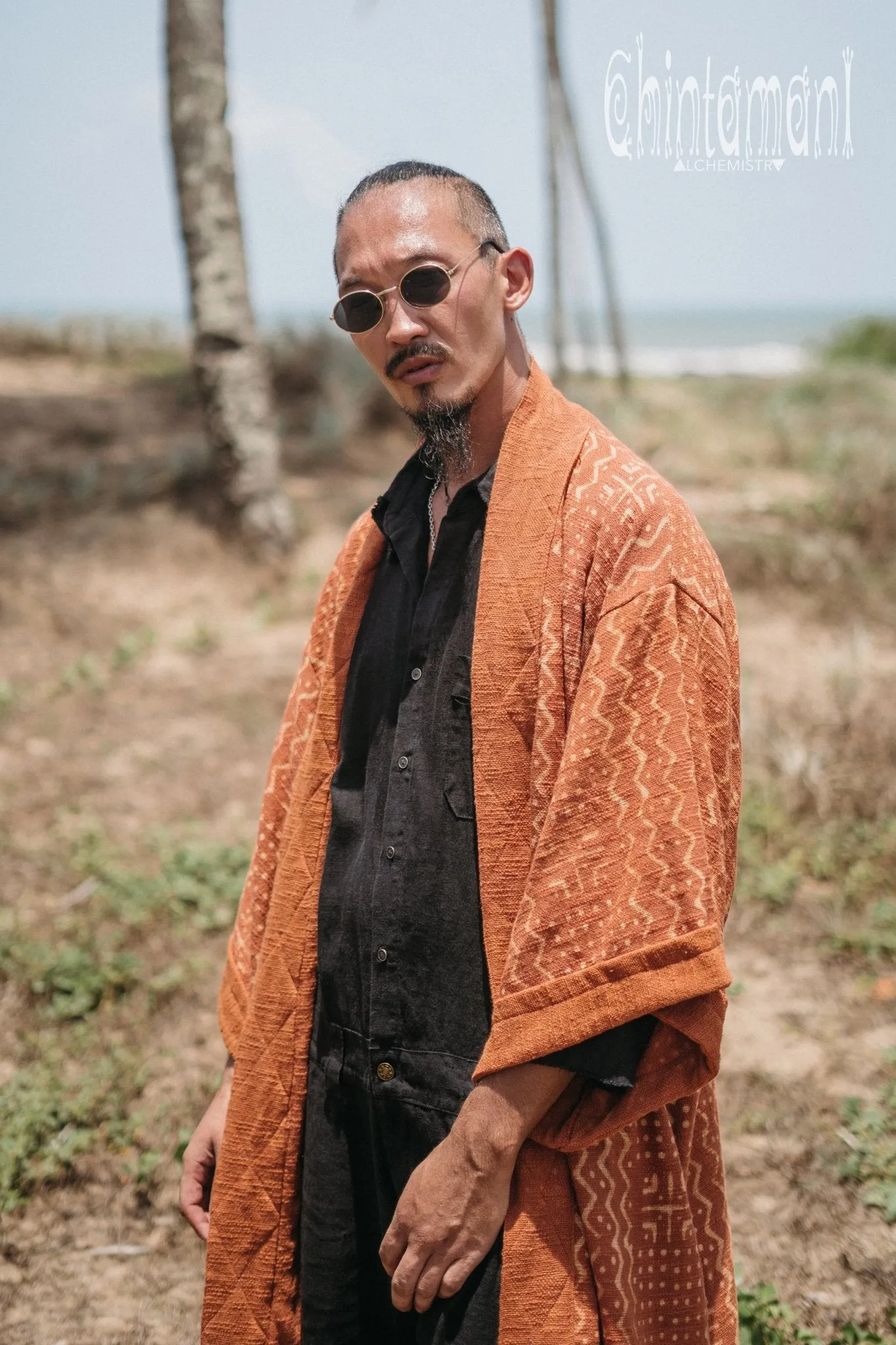 Tribal Kimono Robe with Block Print for Men / Rust