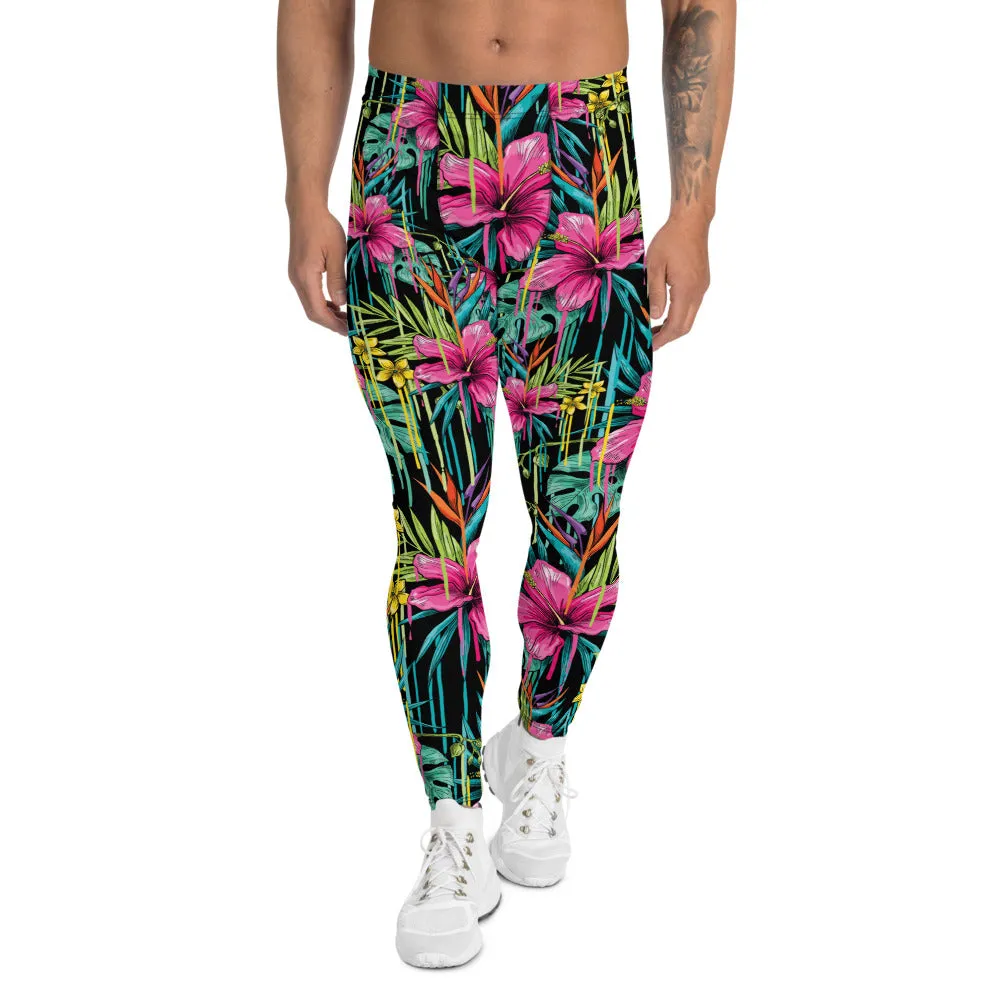 Tropical Pink Floral Men's Leggings, Hawaiian Style Leaf Print Meggings-Made in USA/EU