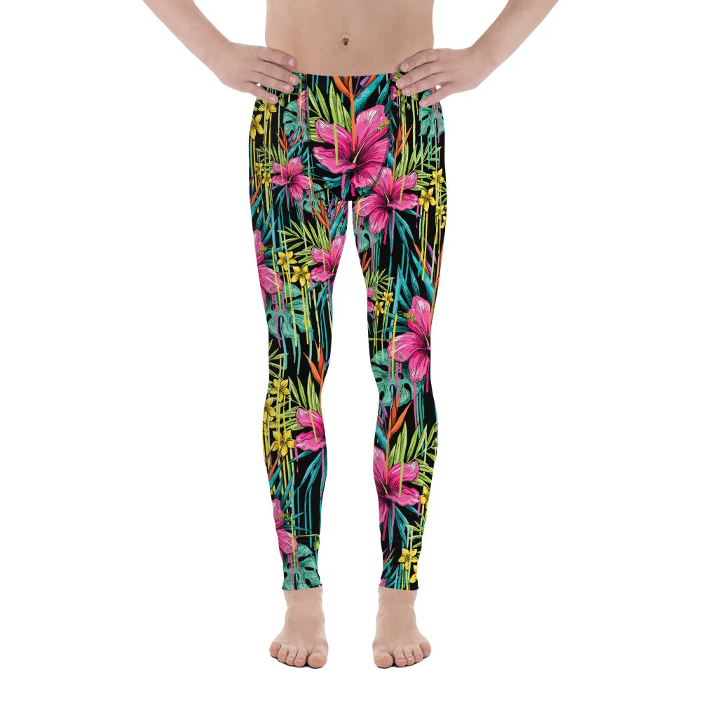 Tropical Pink Floral Men's Leggings, Hawaiian Style Leaf Print Meggings-Made in USA/EU