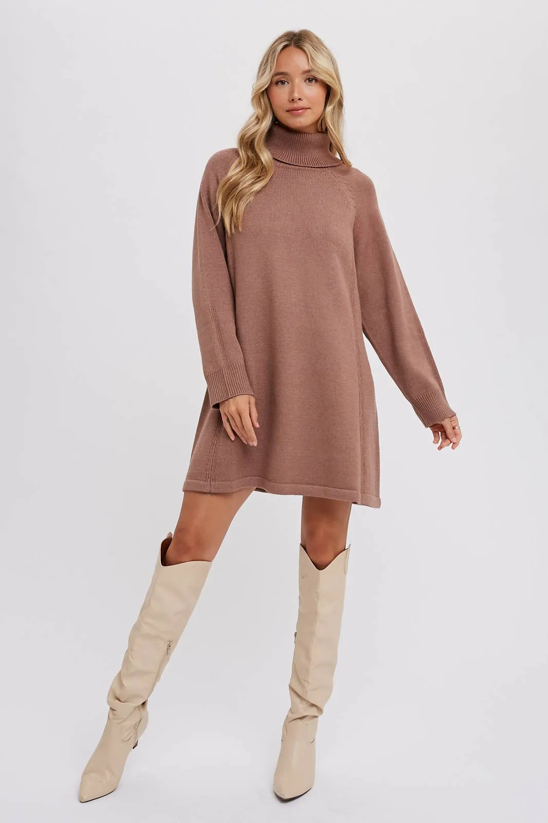 Turtleneck Knit Sweater Dress - Latte