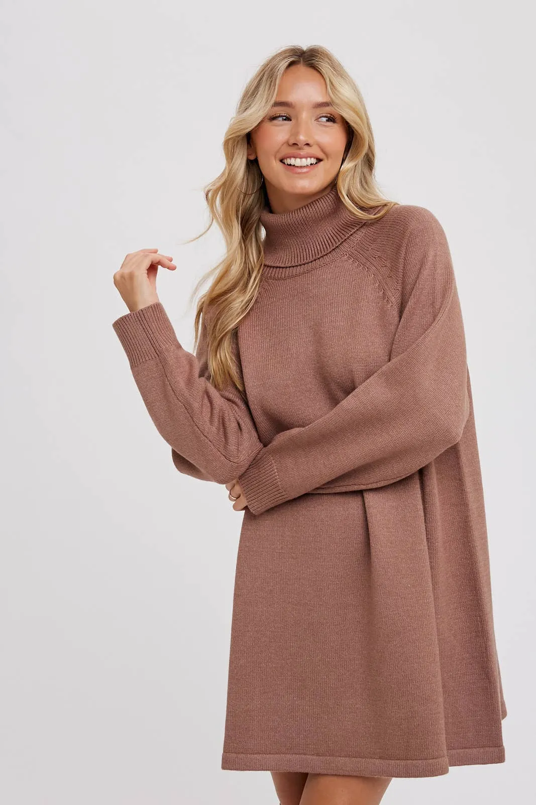 Turtleneck Knit Sweater Dress - Latte