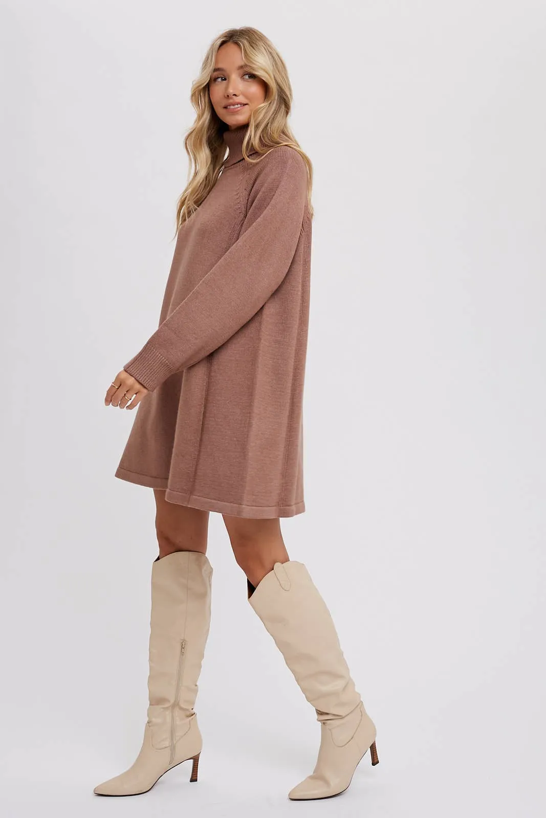 Turtleneck Knit Sweater Dress - Latte