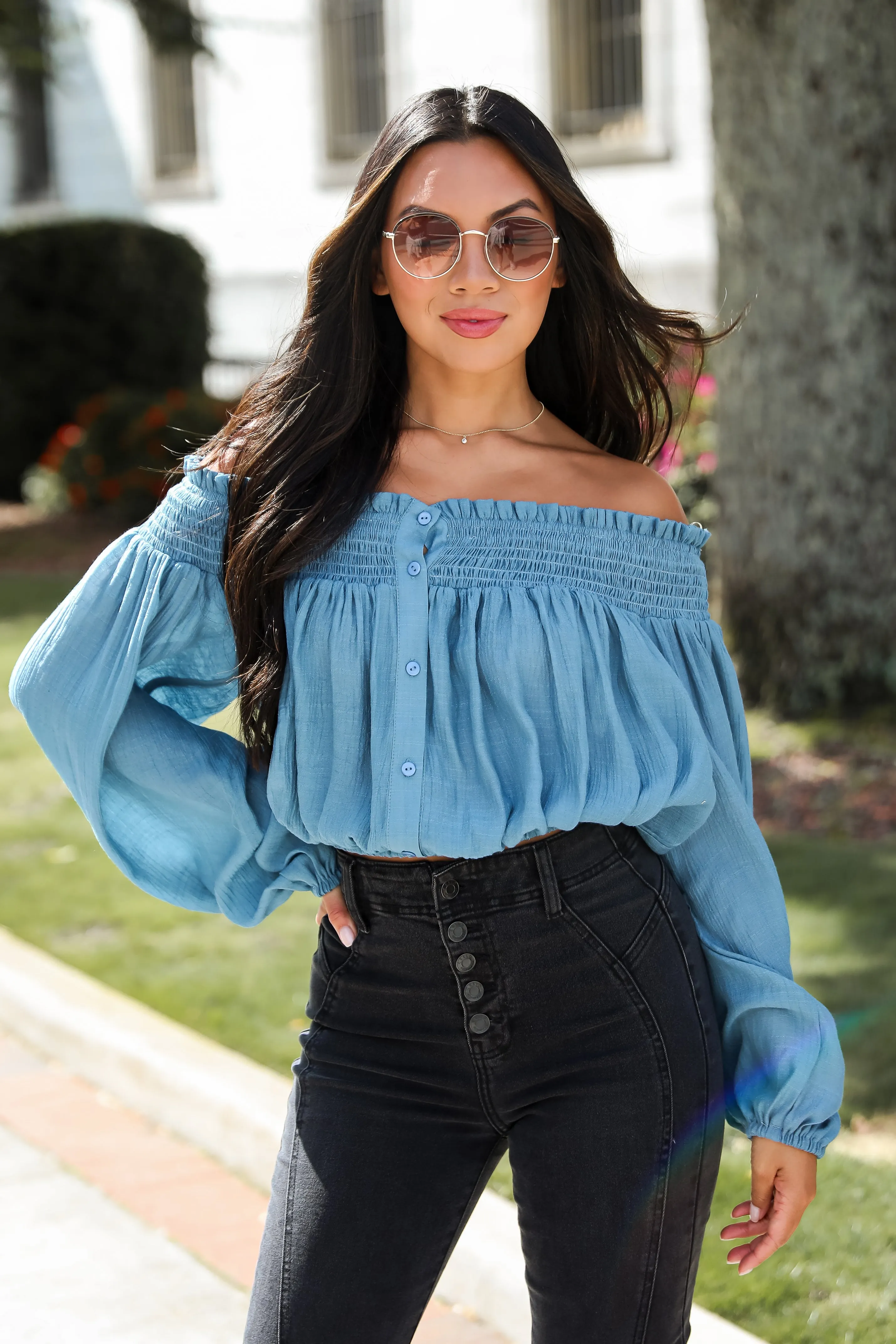 Utterly Pretty Blue Off-The-Shoulder Cropped Blouse - DU DEAL