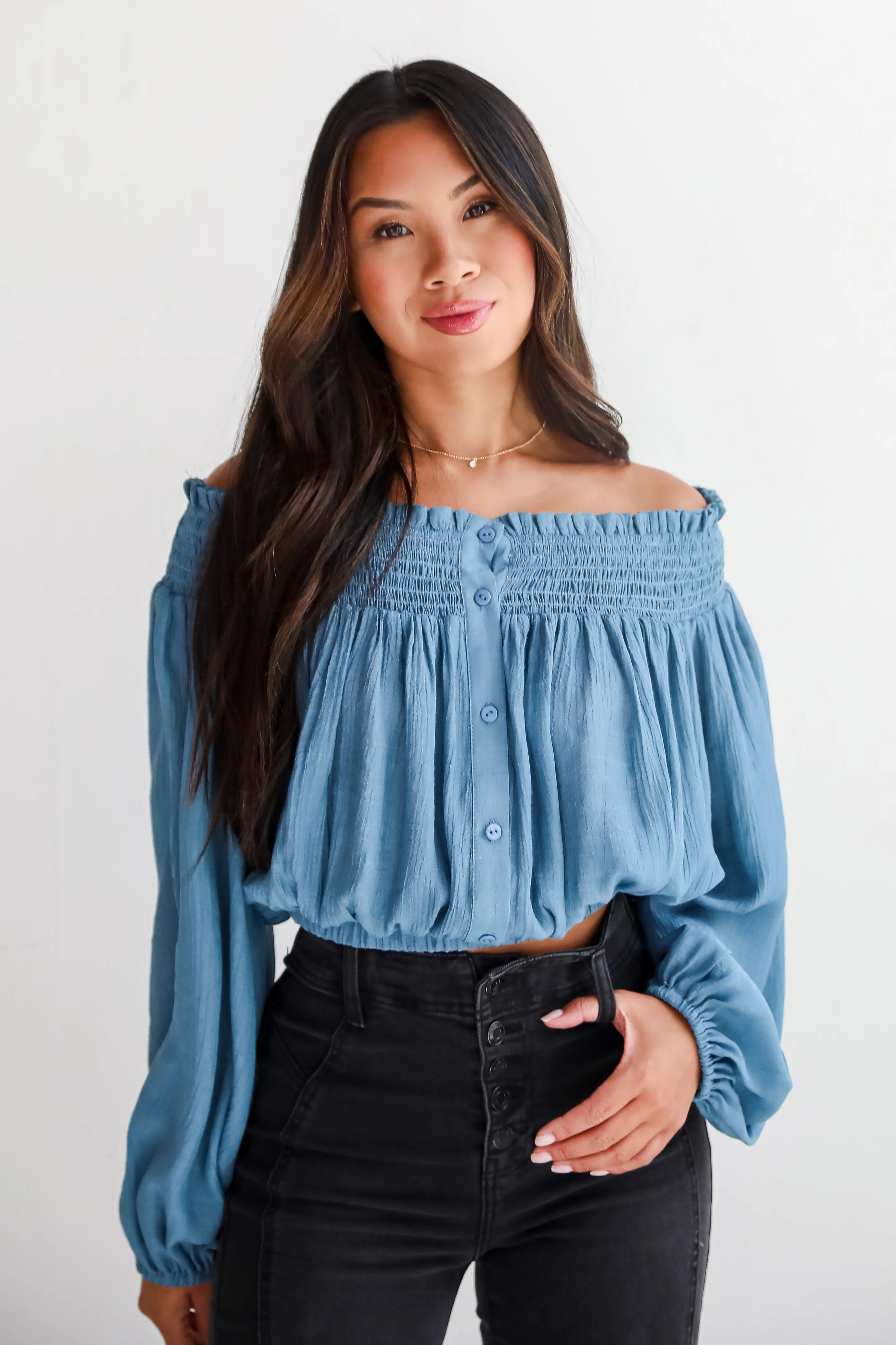 Utterly Pretty Blue Off-The-Shoulder Cropped Blouse - DU DEAL