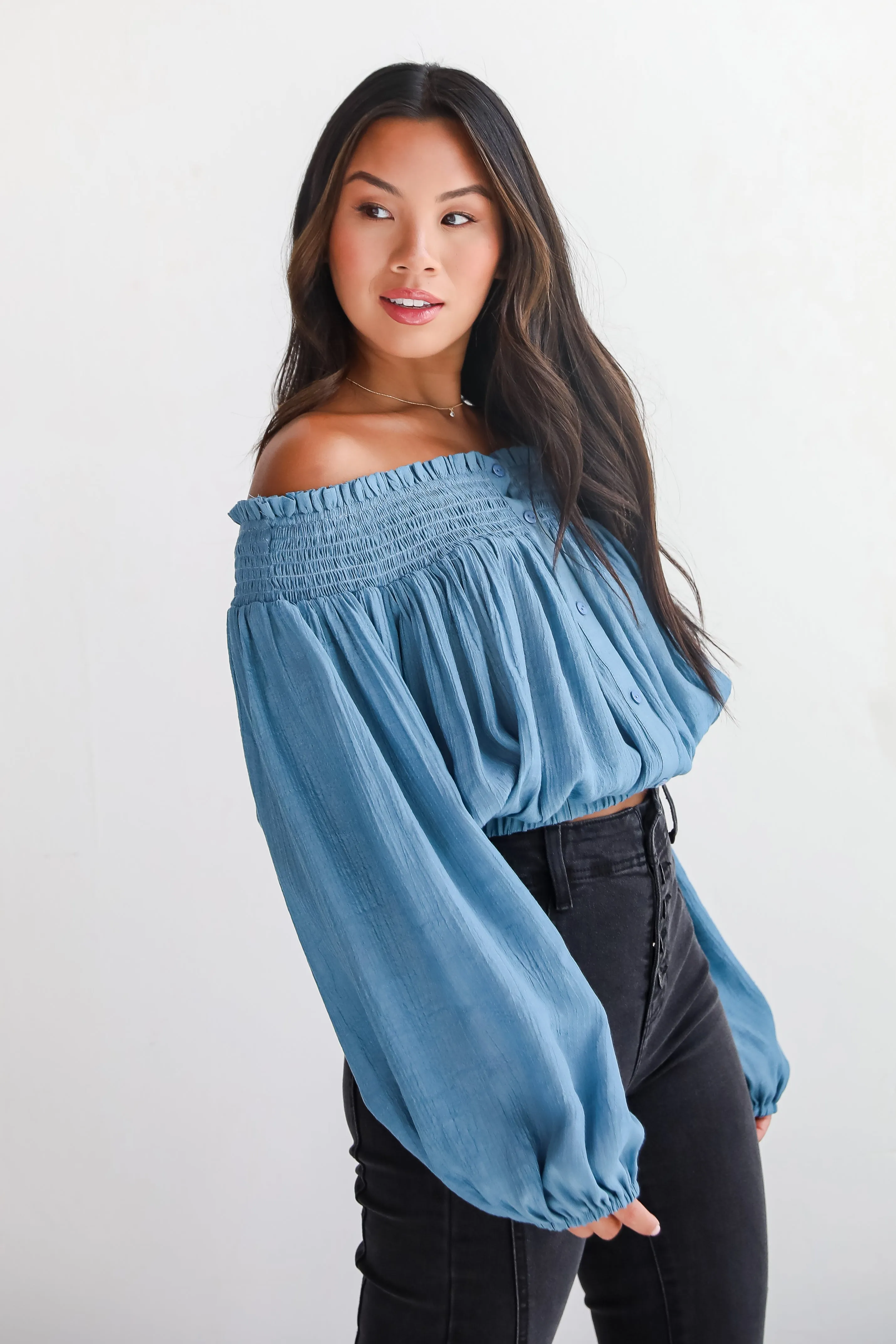 Utterly Pretty Blue Off-The-Shoulder Cropped Blouse - DU DEAL