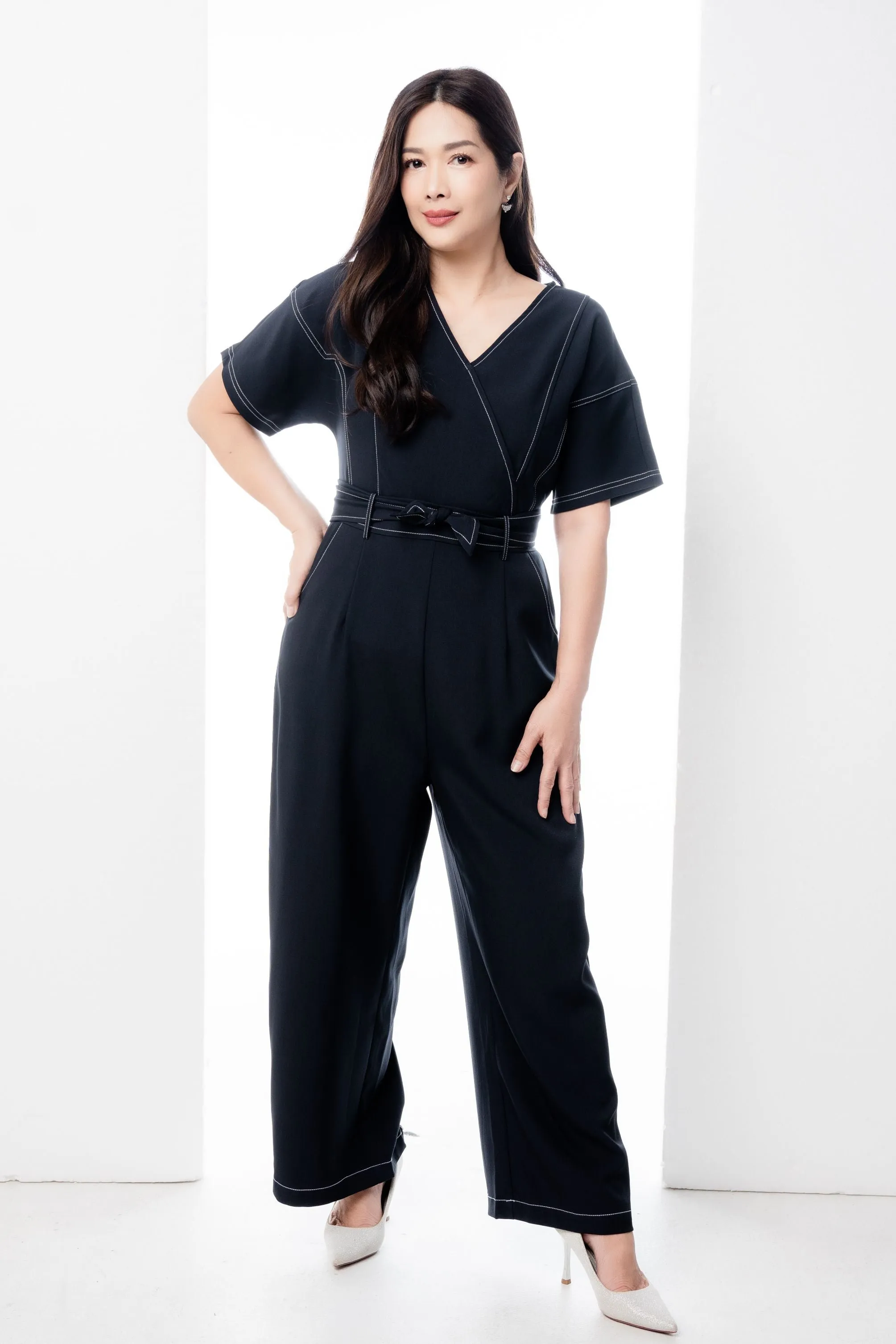 V-Neck Contrast Stitch Jumpsuit