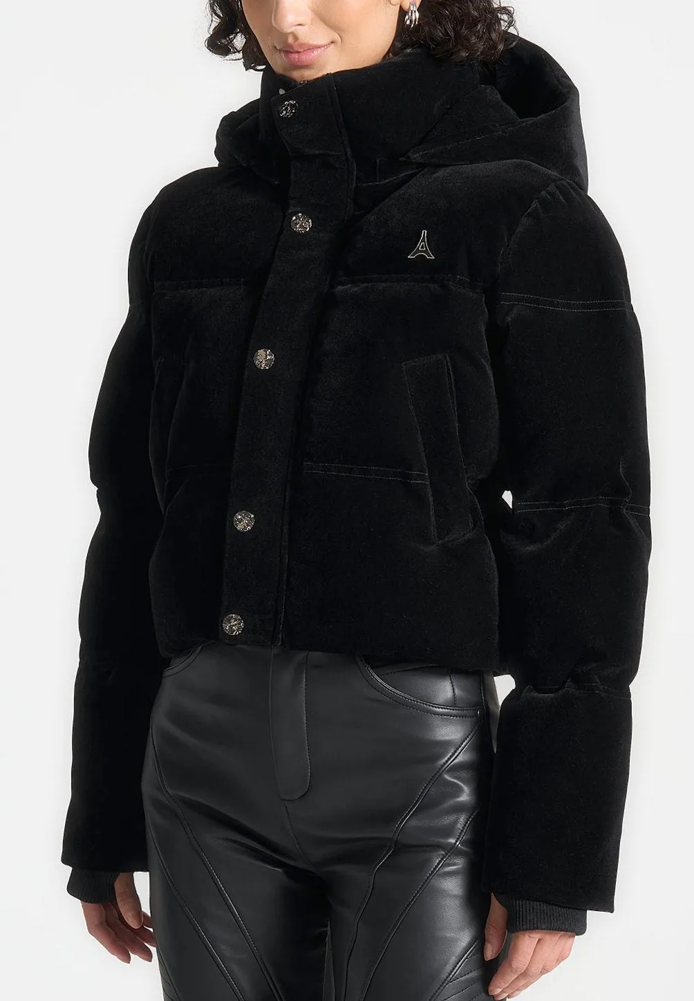 Velvet Eiffel Cropped Puffer Jacket - Black