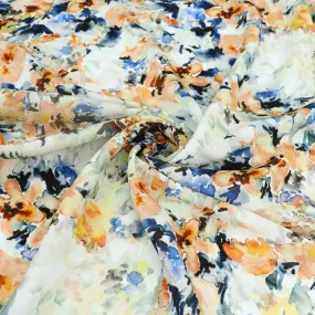 Viscose Linen - Watercolour Floral - Blue   Orange - SALE