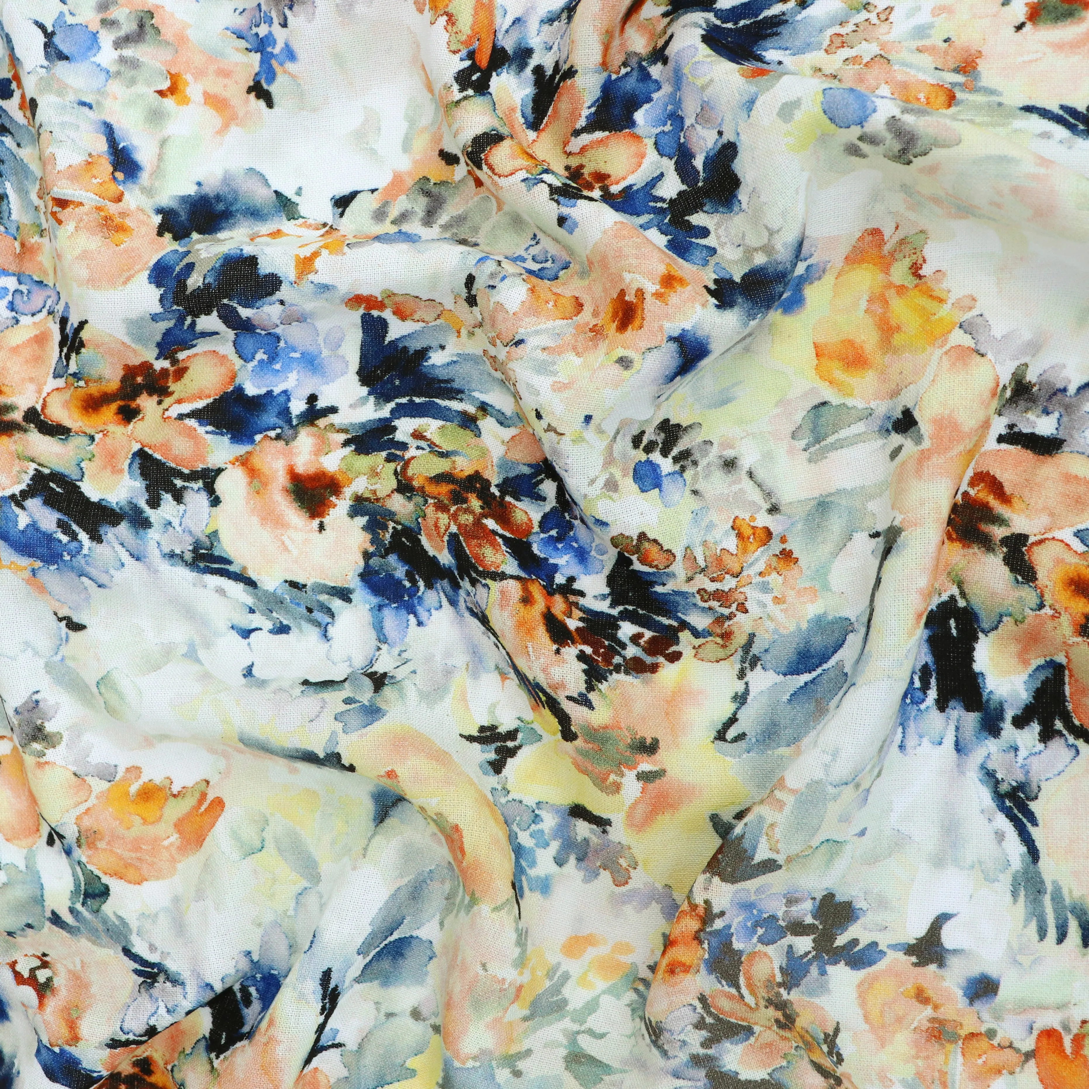 Viscose Linen - Watercolour Floral - Blue   Orange - SALE