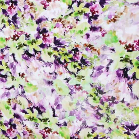 Viscose Linen - Watercolour Floral - Green   Purple - END OF BOLT 58cm