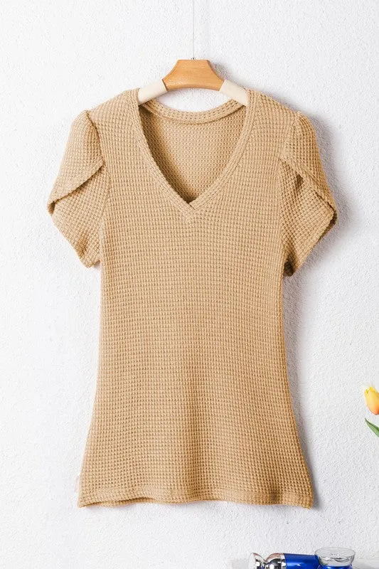 Waffle tulip petal sleeve waffle knit top shirt