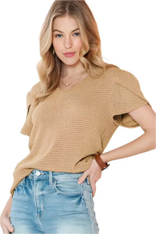 Waffle tulip petal sleeve waffle knit top shirt