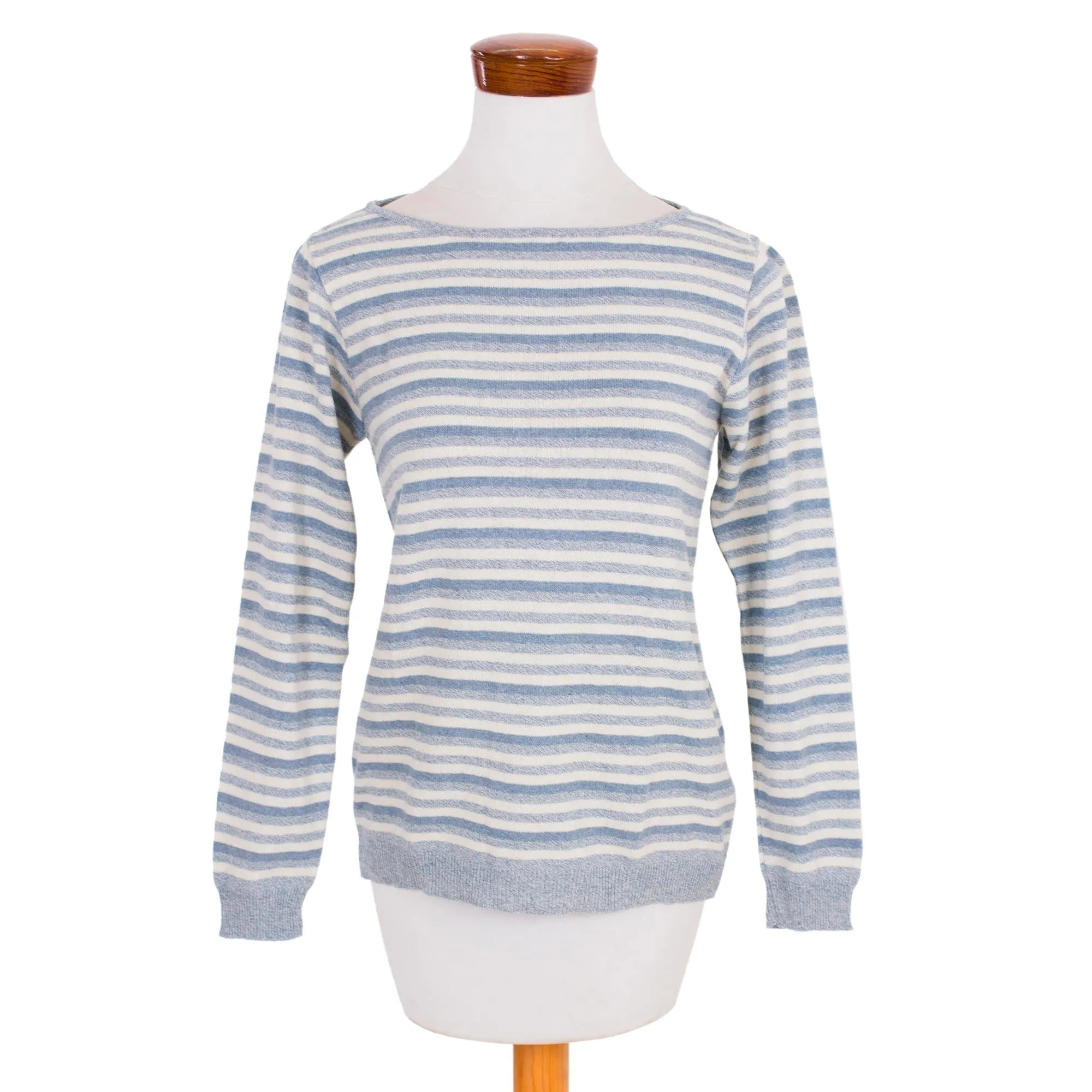 Wedgwood Horizon Women's Blue and Ivory Striped Soft Cotton Pullover Sweater