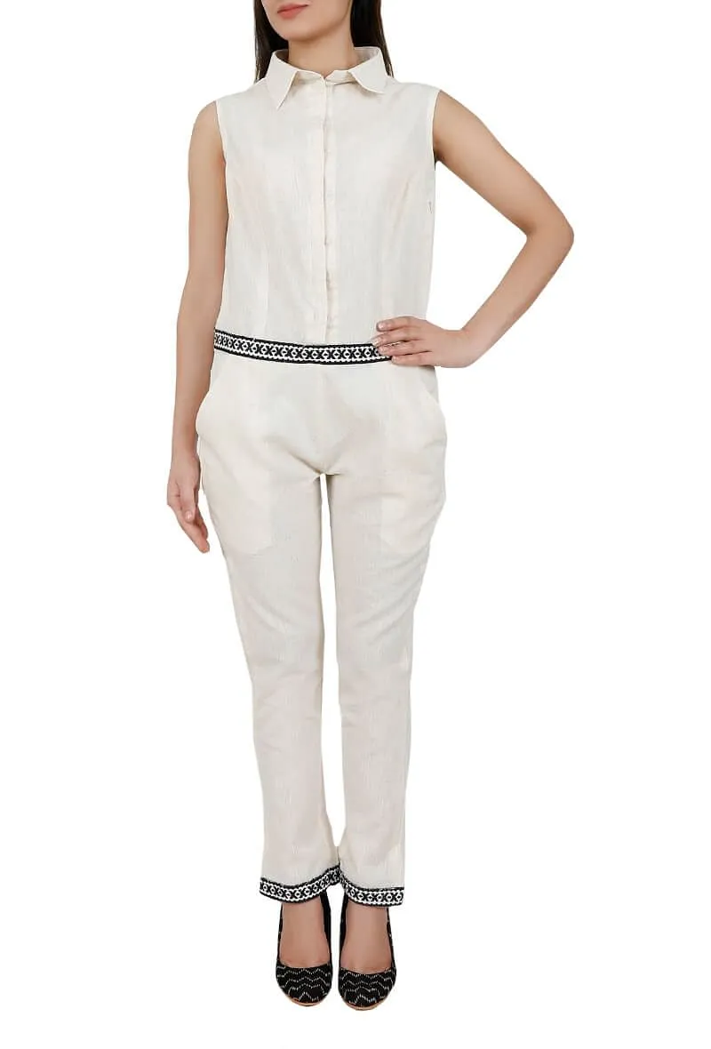 White Toda Embroidery Pure Cotton Jumpsuit