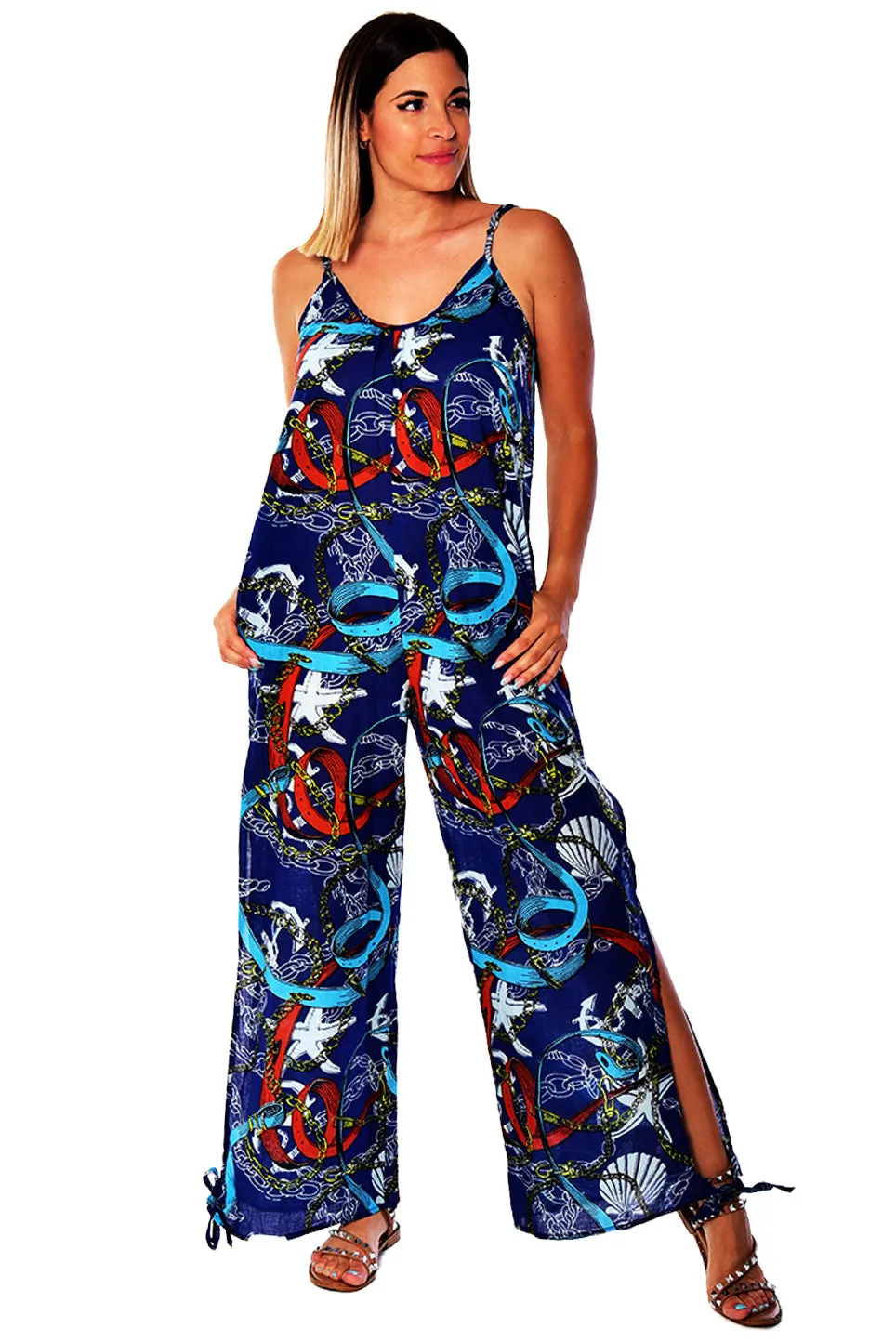 Wide Leg Spaghetti Strap Jumpsuit with Side Slits - LCJ1359