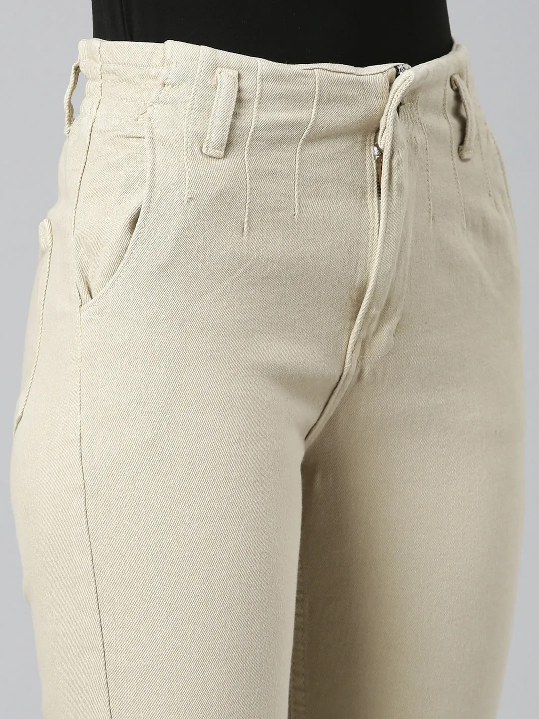 Women Beige Solid Regular Fit Denim Jeans