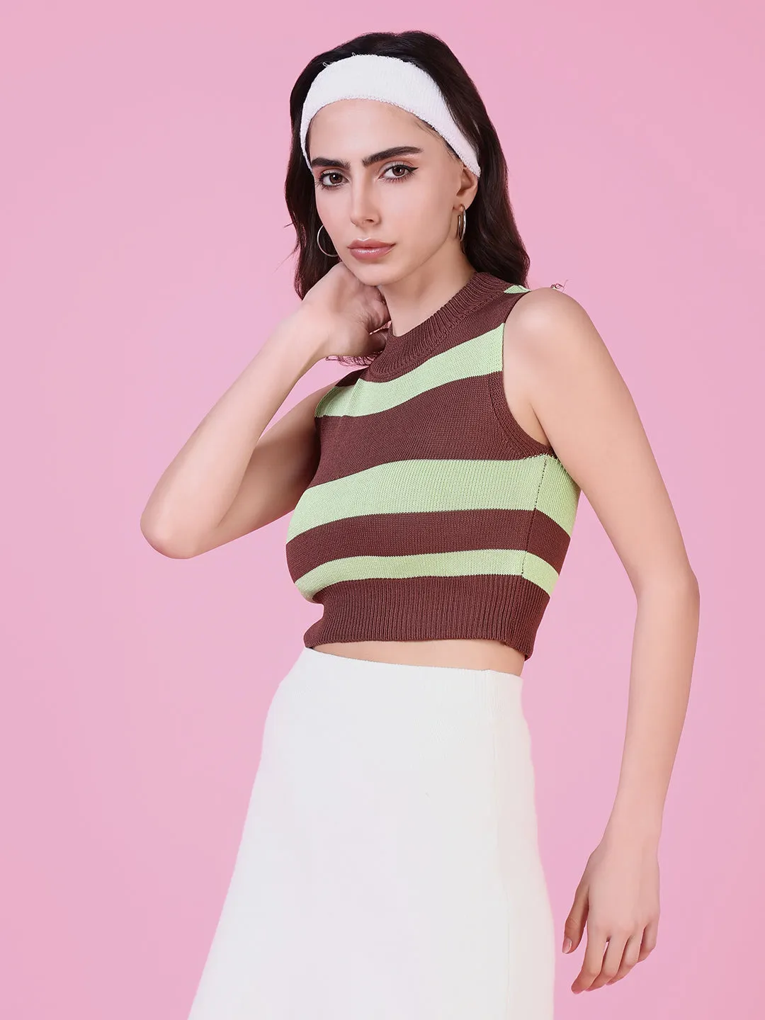 Women Brown Striped Crop Top