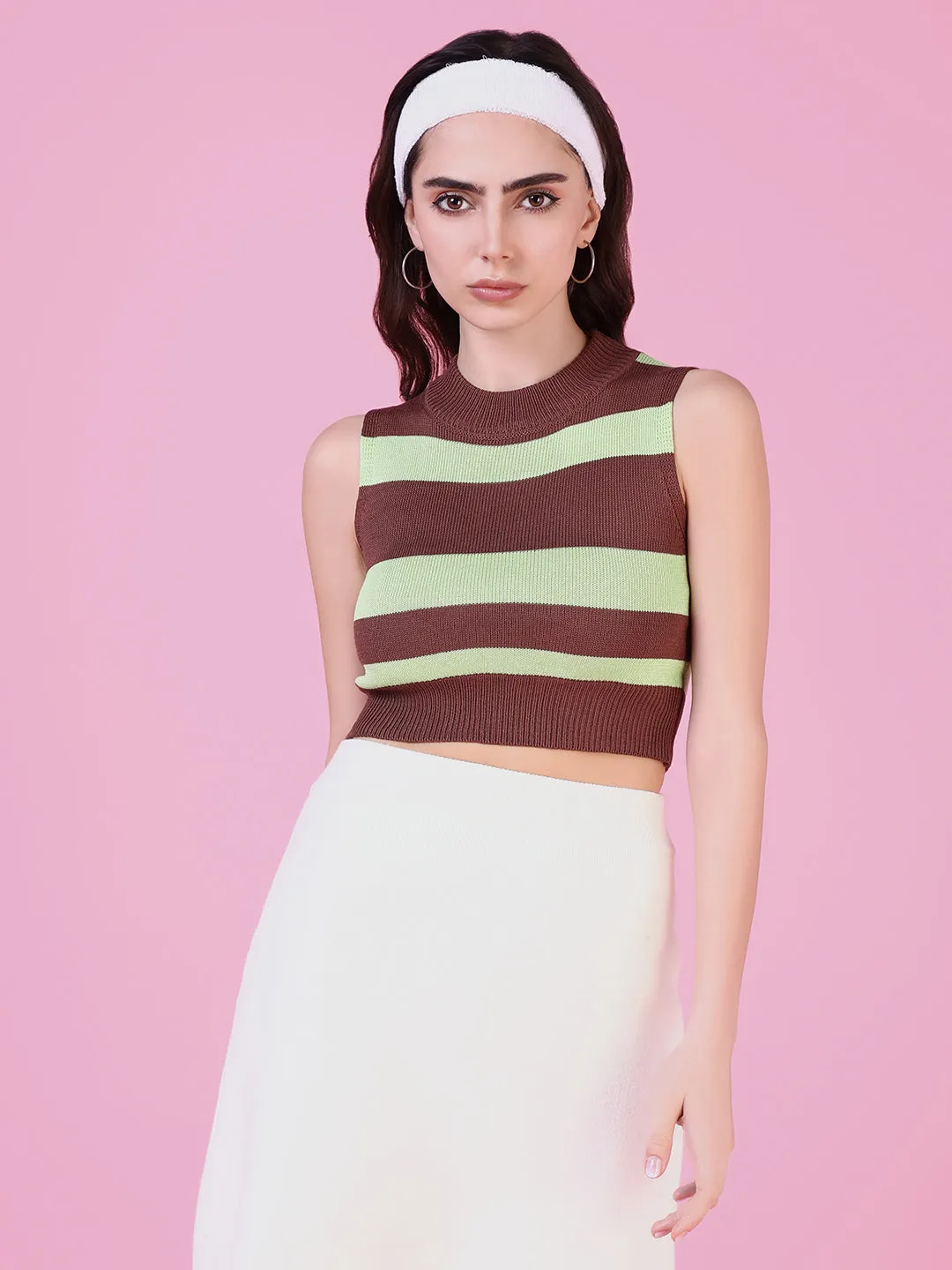 Women Brown Striped Crop Top