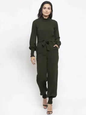 Women Olive Green Solid Basic Jumpsuit